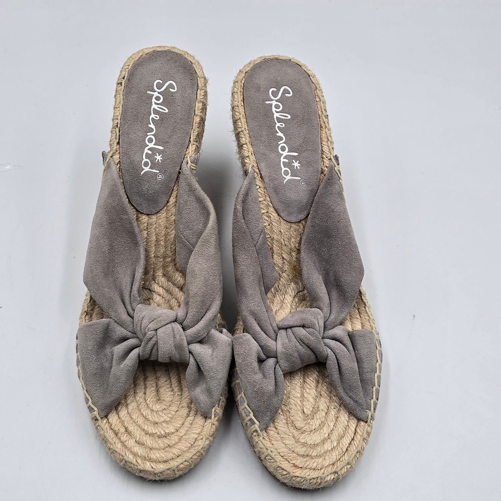 Splendid Sandals Womens 8 Espadrille Wedge Grey Suede Knotted Bow Slide EUC Boho